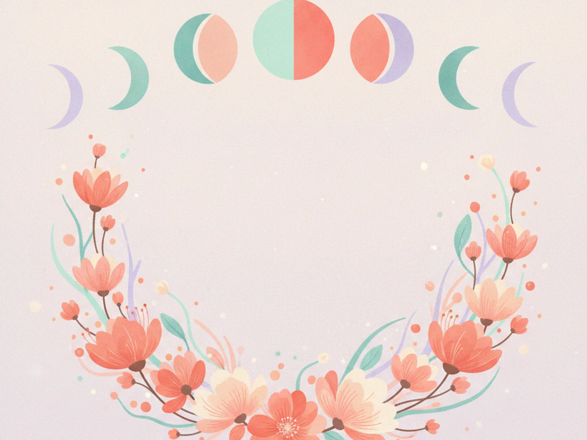 Ilustração de fases da lua sobre flores em tons de coral