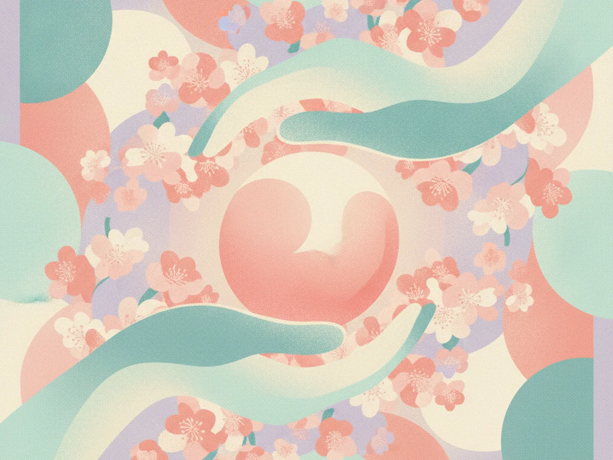 Ilustração de mãos acolhendo uma forma luminosa cercada de flores