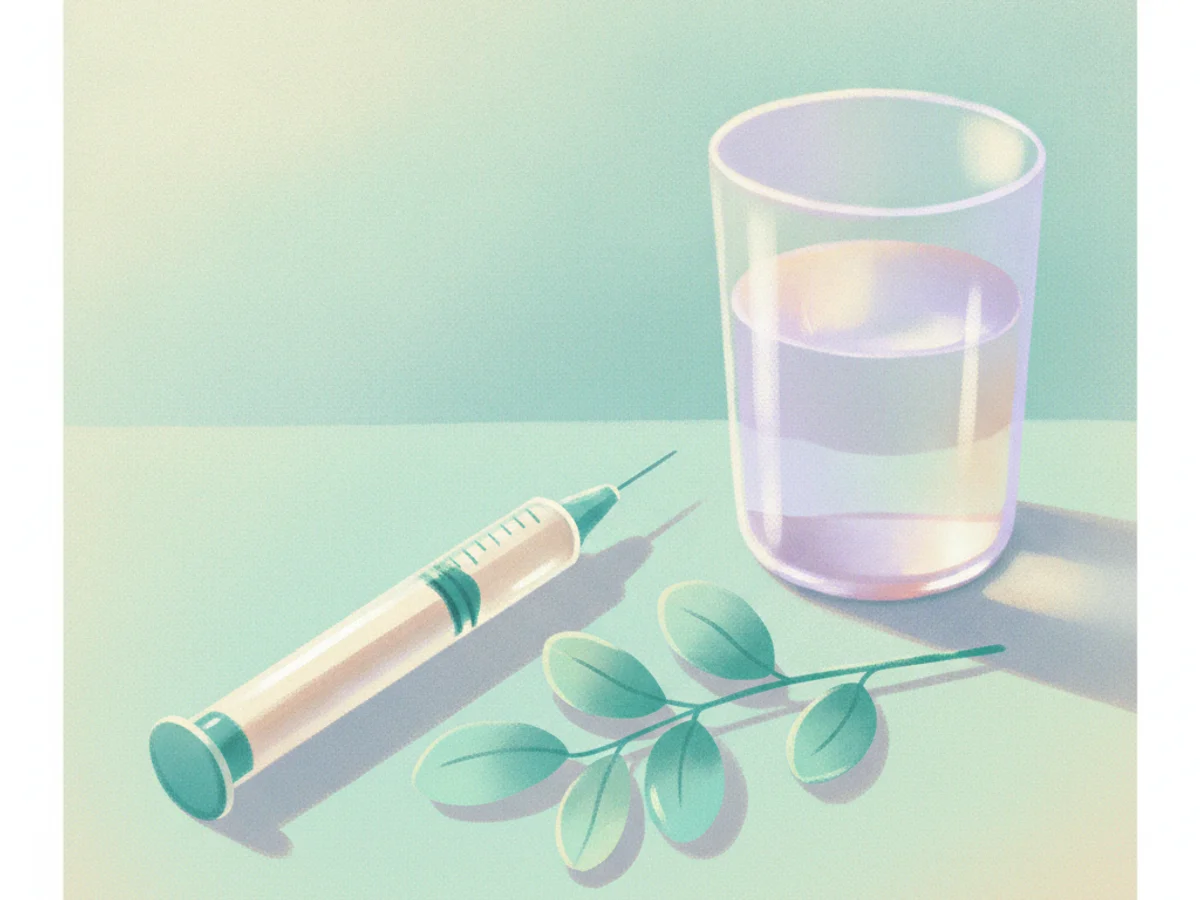 Ilustração de uma caneta de aplicação ao lado de folhas e um copo de água