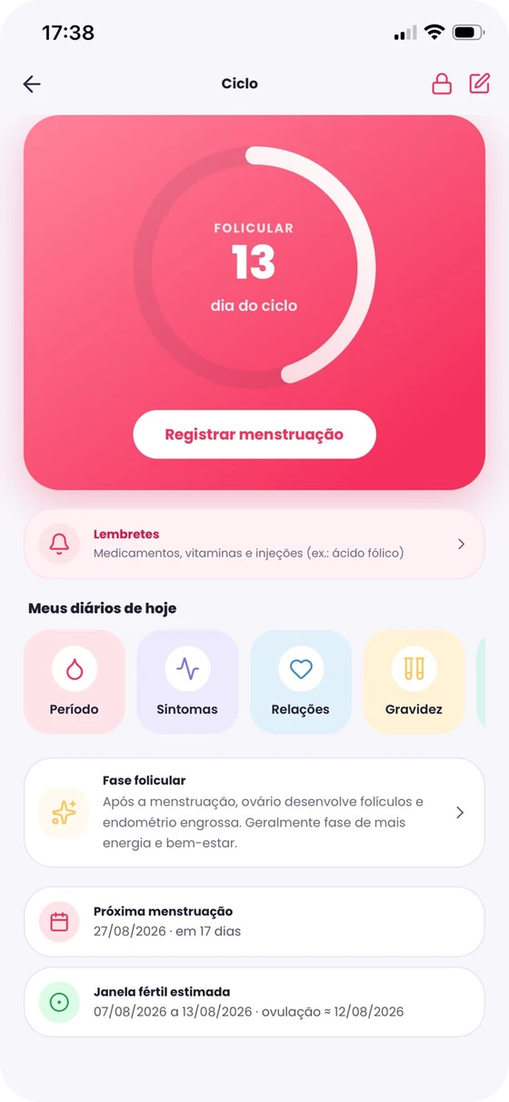 Tela do ciclo menstrual, com o dia do ciclo, a fase e a previsão da próxima menstruação
