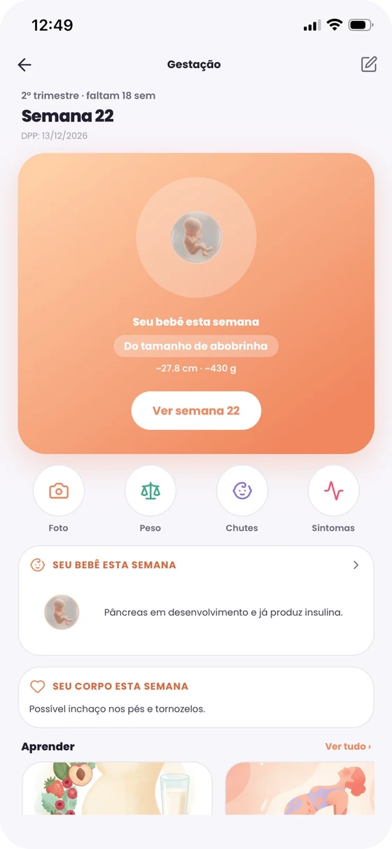 Tela de gestação na semana 22, com o tamanho do bebê e a contagem para o parto