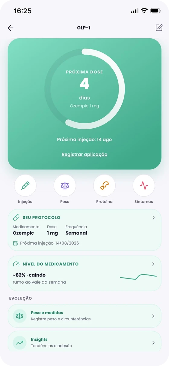 Tela do protocolo GLP-1 no aplicativo